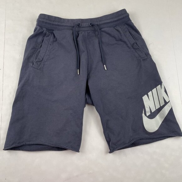 NIKE Sweat Shorts Men’s S Blue Cotton Swoosh Logo Gym Drawstring Elastic Waist - Picture 1 of 9